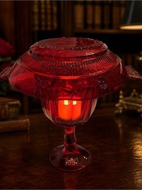 Vintage Viking Red Glass Goblet Fairy Lamp 2-Piece Handled Bowl Set